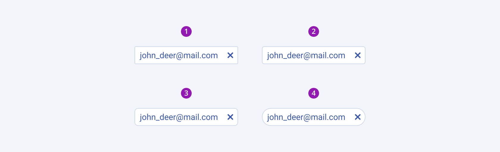 Available border radiuses in the Telerik and Kendo UI MaskedTextBox component including small, default medium, large, and full. Four Telerik and Kendo UI MaskedTextBox components demonstrating the small, medium, large, and full fill modes respectively.
