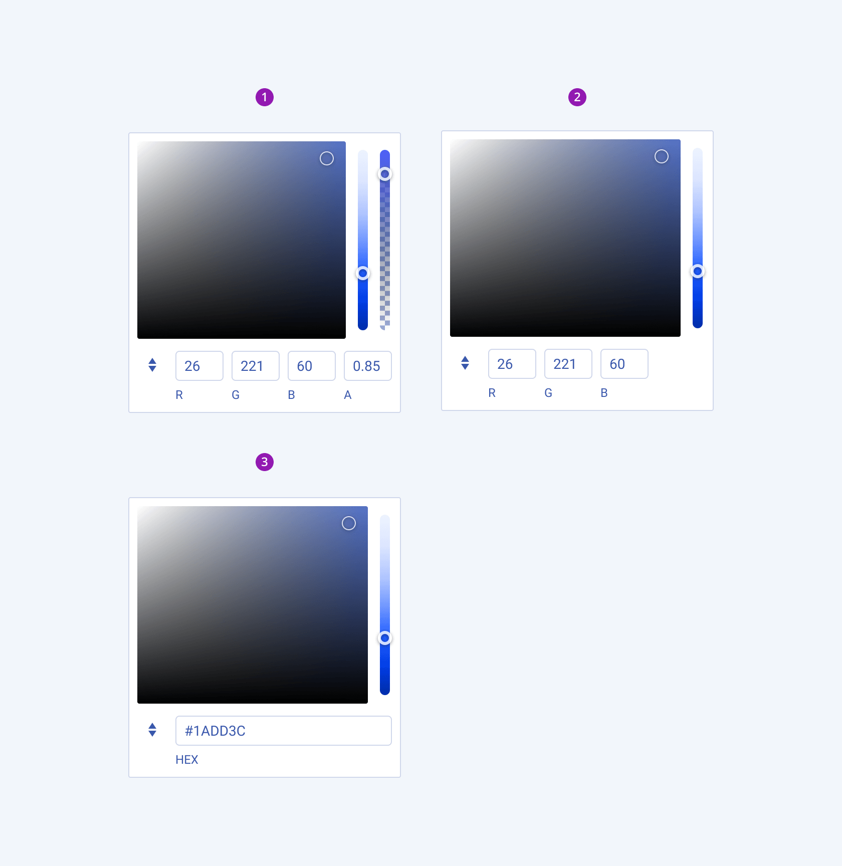 The three variants of the Telerik and Kendo UI ColorGradient, including ColorGradients with RGBA, RGB, and HEX modes