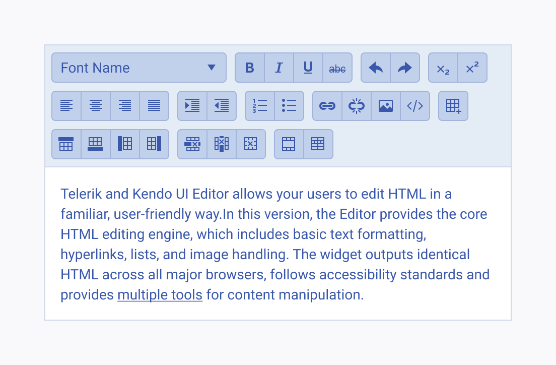 Don't flood the toolbar with lots of tools when working with the Telerik and Kendo UI Editor. A Telerik and Kendo UI Editor with an overwhelming list of tools